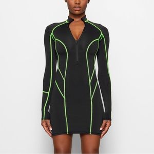 COPY - Skims Moto Contour Mock Neck Body Con Dress Black Neon Green 2X